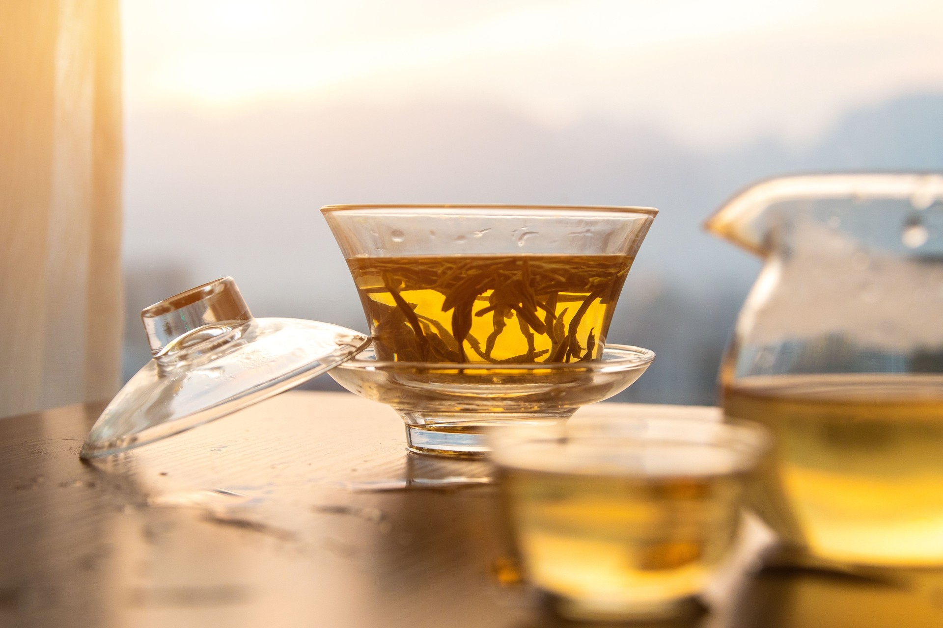 Chinese hot tea in a glass tea cup